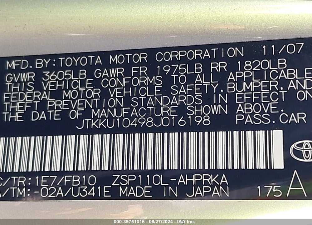 2008 SCION XD VIN: JTKKU10498J016198
