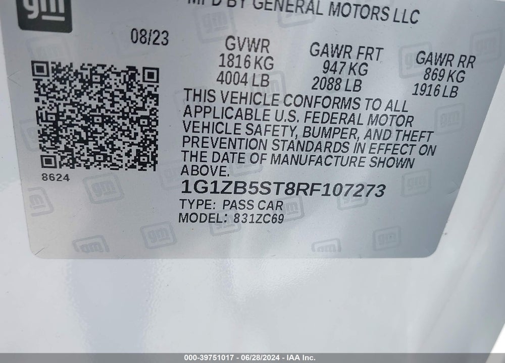 2024 CHEVROLET MALIBU LS VIN: 1G1ZB5ST8RF107273