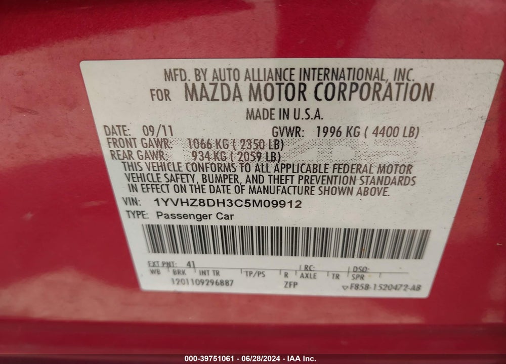 2012 MAZDA MAZDA6 VIN: 1YVHZ8DH3C5M09912