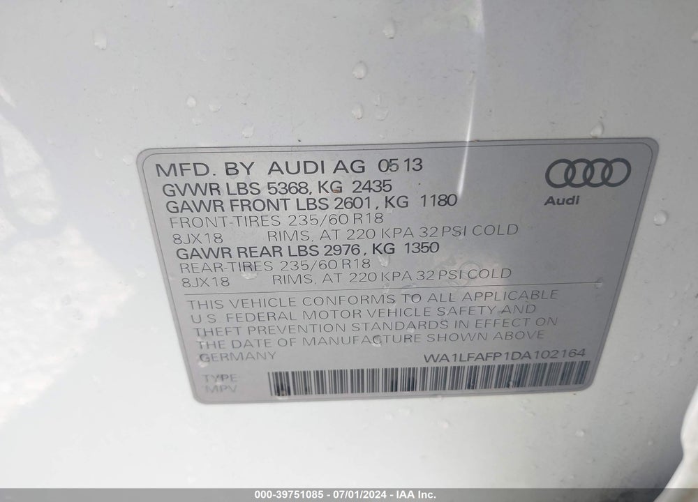 2013 AUDI Q5 2.0T PREMIUM VIN: WA1LFAFP1DA102164