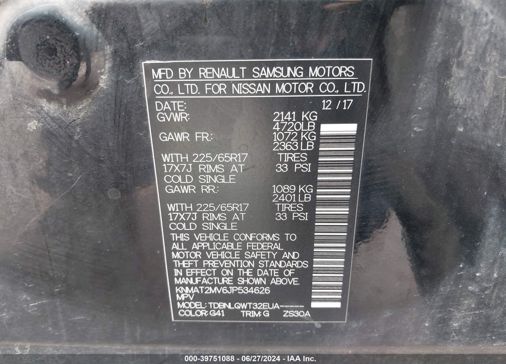 2018 NISSAN ROGUE SV VIN: KNMAT2MV6JP534626