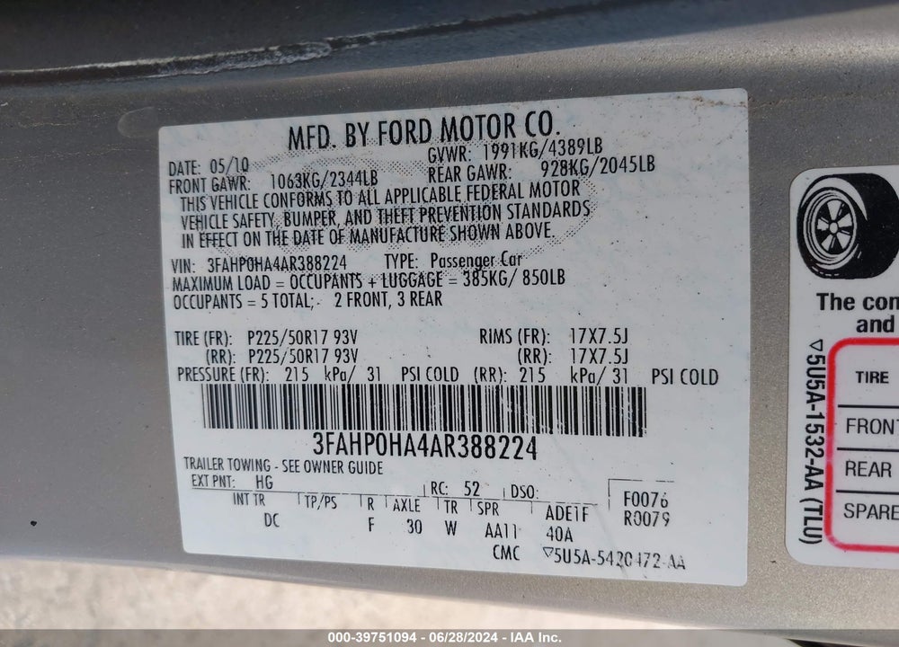 2010 FORD FUSION SE VIN: 3FAHP0HA4AR388224