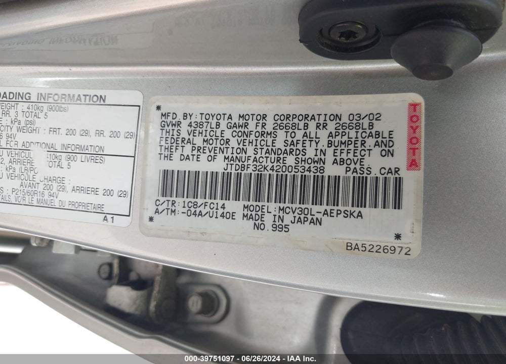 2002 TOYOTA CAMRY LE V6/SE V6/XLE V6 VIN: JTDBF32K420053438