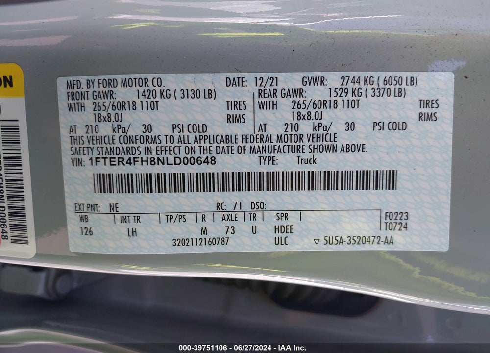 2022 FORD RANGER XLT VIN: 1FTER4FH8NLD00648