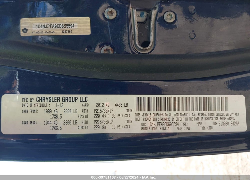 2012 JEEP PATRIOT LATITUDE VIN: 1C4NJPFA9CD605594