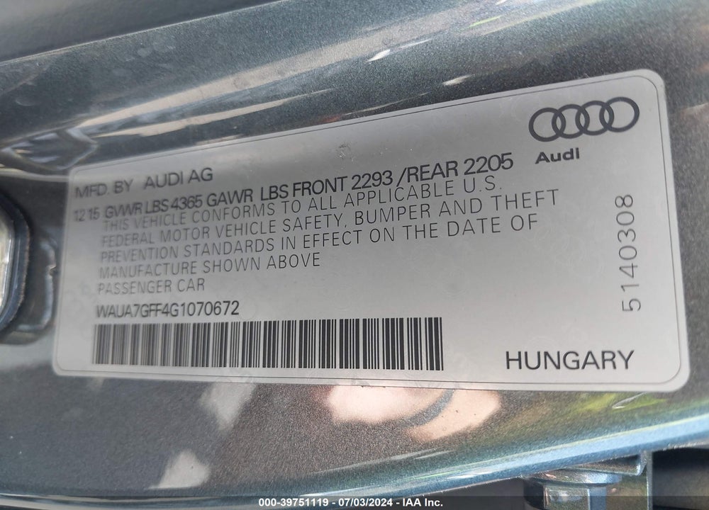 2016 AUDI A3 1.8T PREMIUM VIN: WAUA7GFF4G1070672
