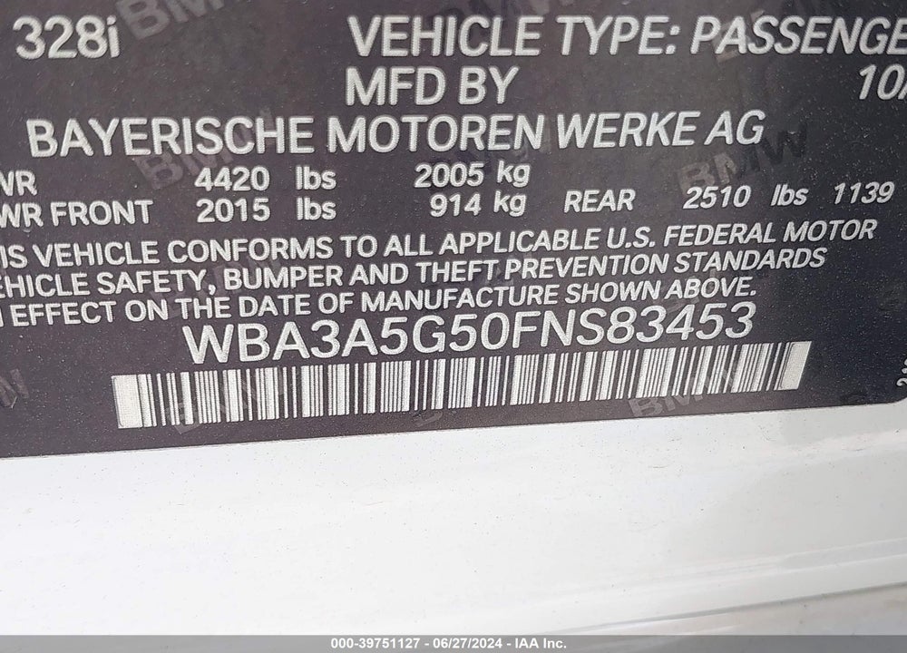 2015 BMW 328I VIN: WBA3A5G50FNS83453