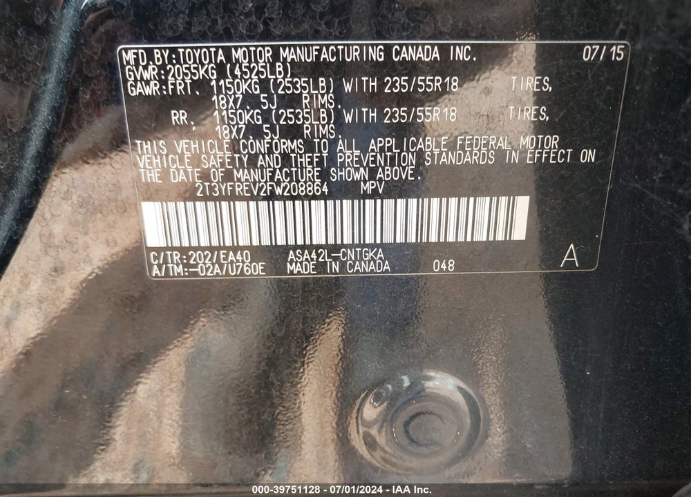 2015 TOYOTA RAV4 LIMITED VIN: 2T3YFREV2FW208864