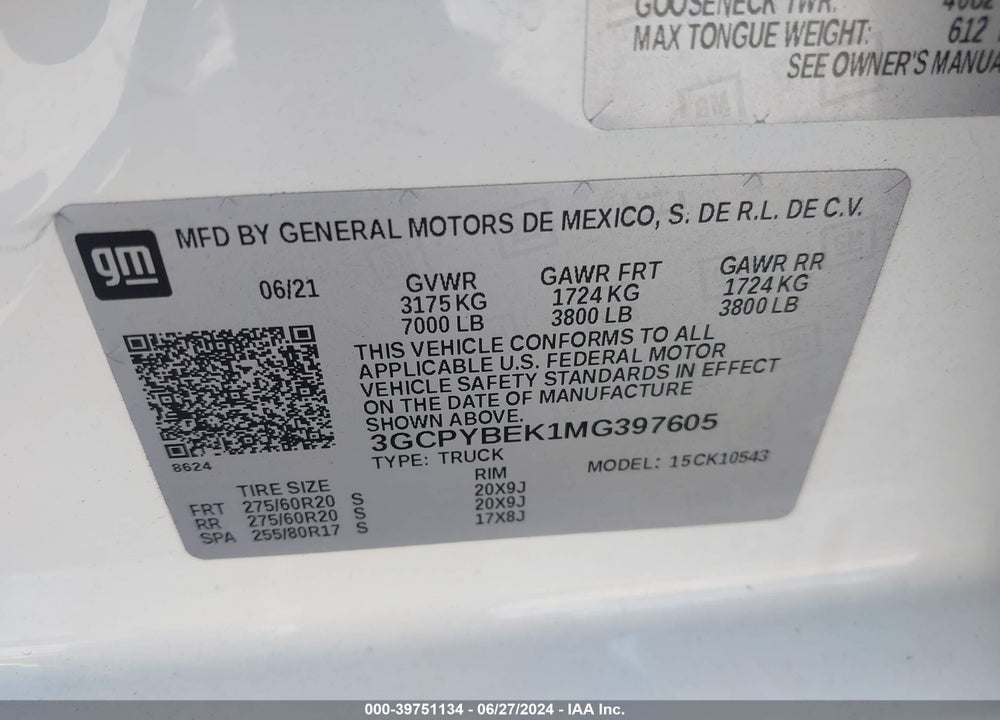 2021 CHEVROLET SILVERADO 1500 CUSTOM VIN: 3GCPYBEK1MG397605