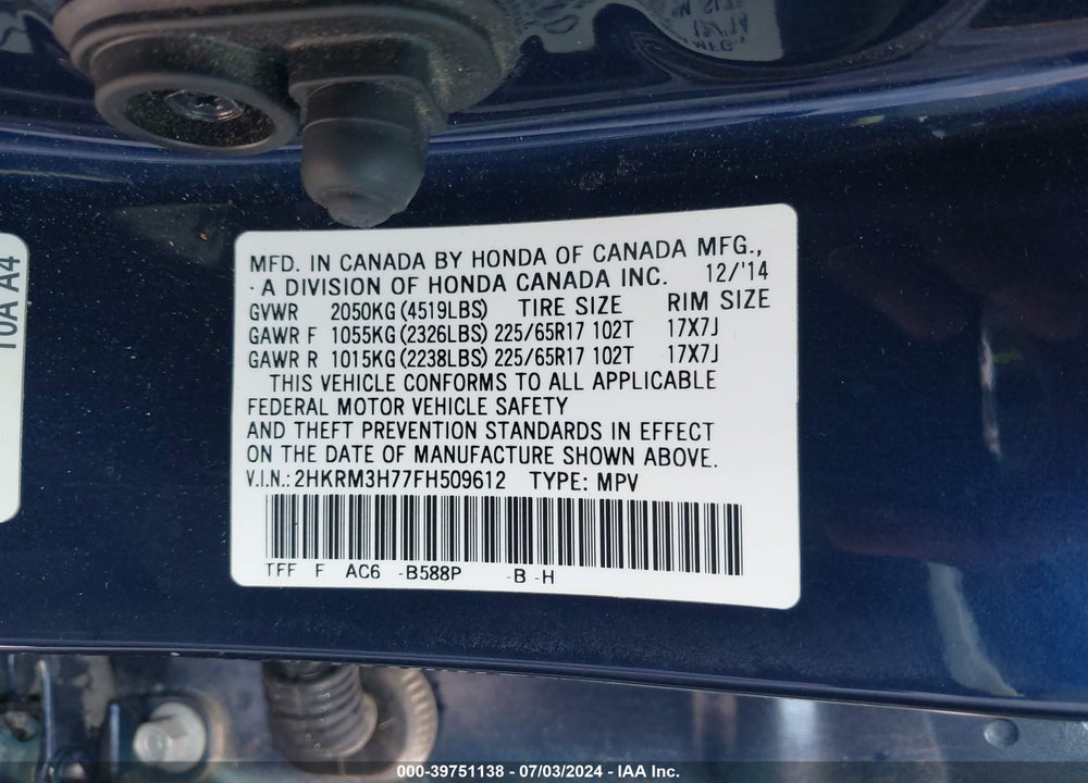 2015 HONDA CR-V EX-L VIN: 2HKRM3H77FH509612