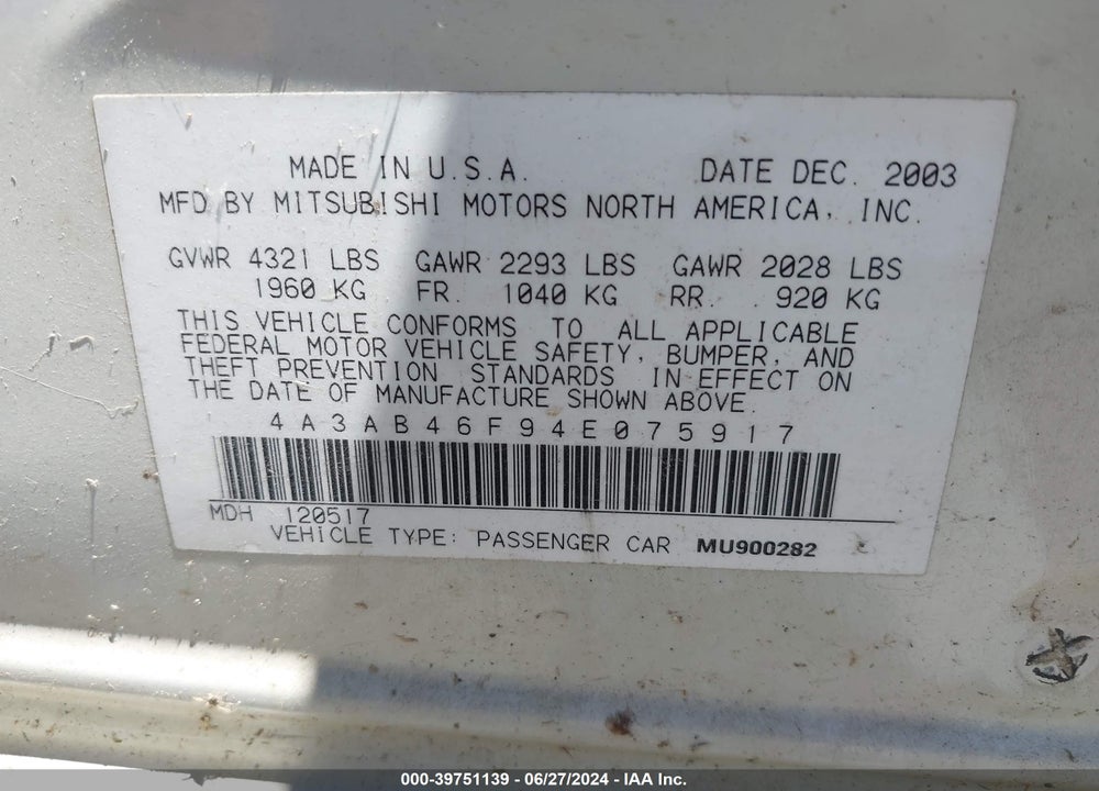 2004 MITSUBISHI GALANT VIN: 4A3AB46F94E075917