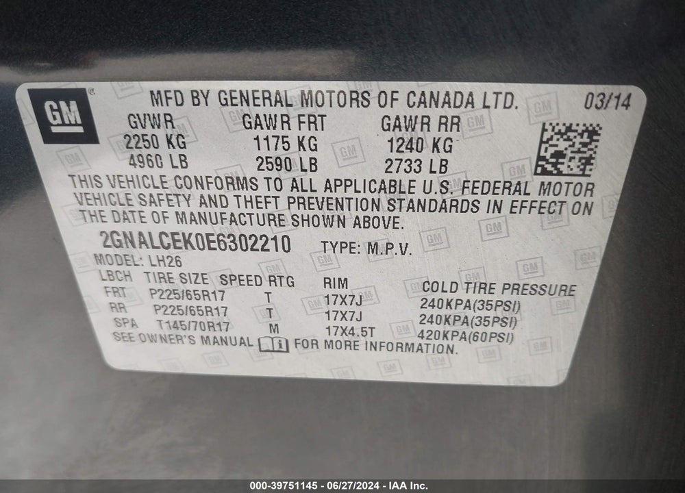 2014 CHEVROLET EQUINOX 2LT VIN: 2GNALCEK0E6302210