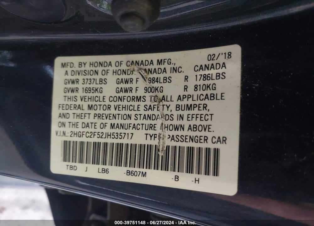 2018 HONDA CIVIC LX VIN: 2HGFC2F52JH535717