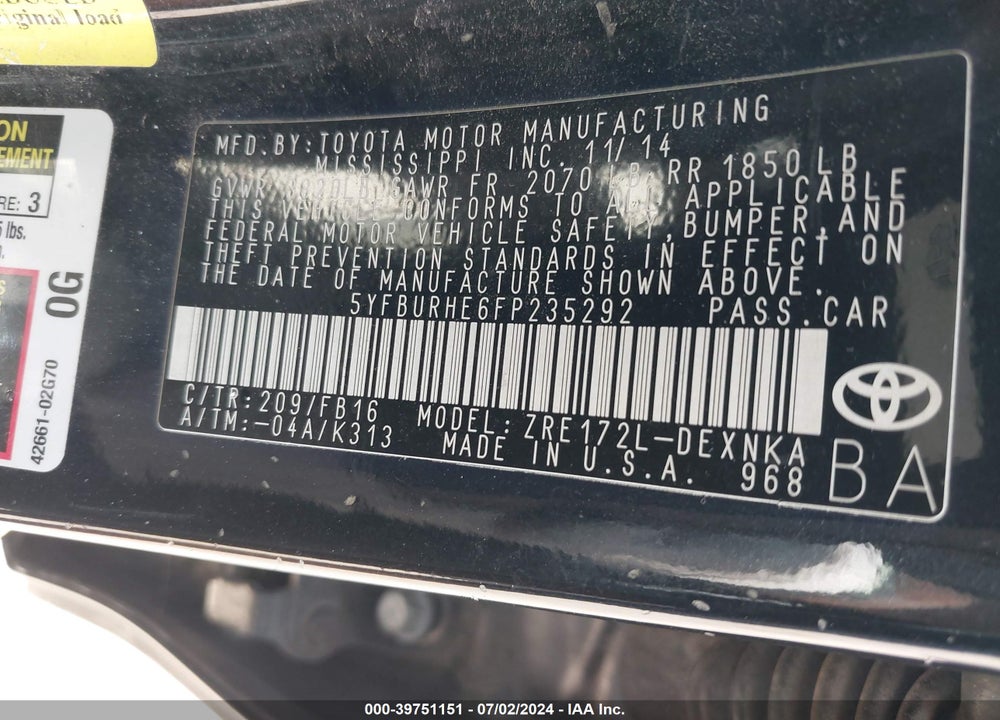2015 TOYOTA COROLLA LE PLUS VIN: 5YFBURHE6FP235292