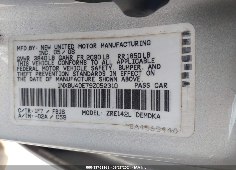 2009 TOYOTA COROLLA LE/S/XLE VIN: 1NXBU40E79Z052310