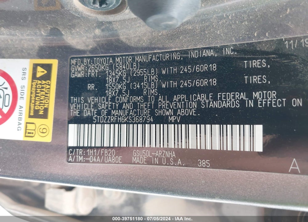 2019 TOYOTA HIGHLANDER LE VIN: 5TDZZRFH6KS368794