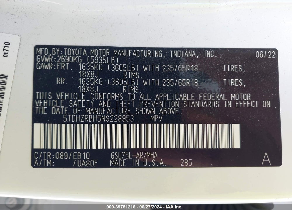 2022 TOYOTA HIGHLANDER XLE VIN: 5TDHZRBH5NS228953