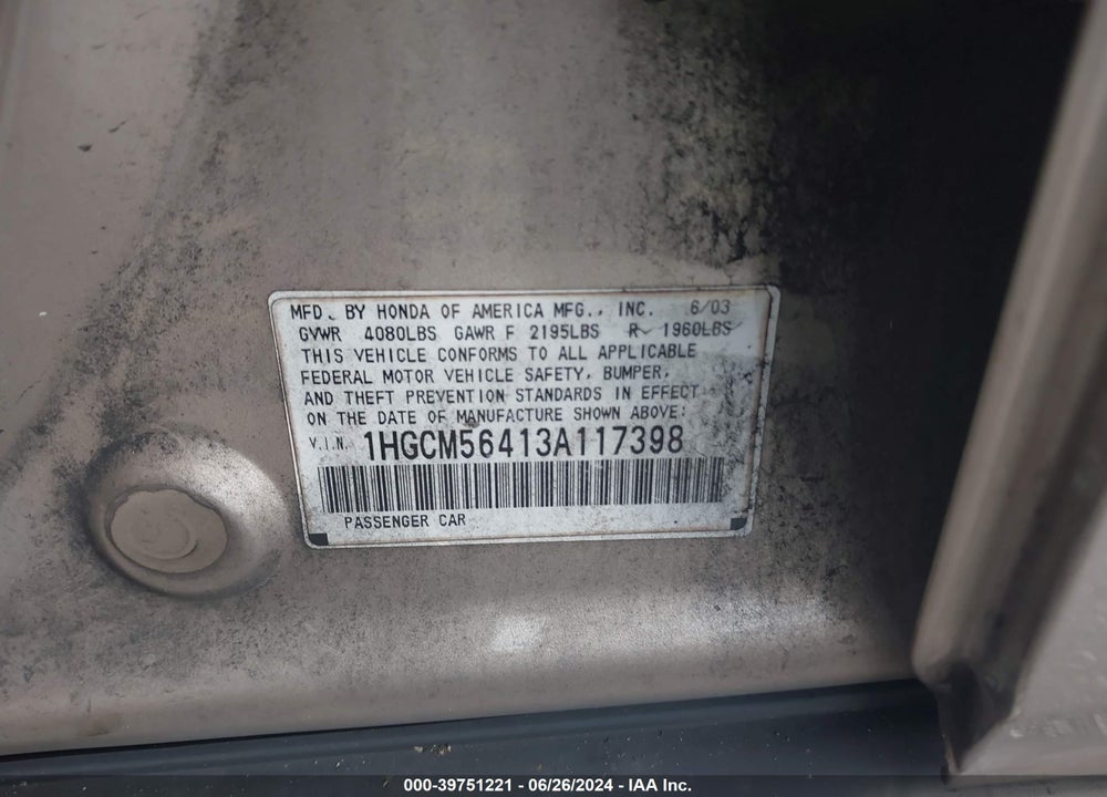 2003 HONDA ACCORD 2.4 LX VIN: 1HGCM56413A117398