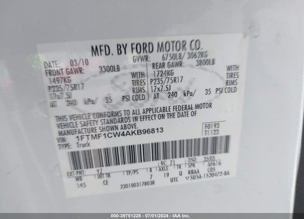 2010 FORD F-150 STX/XL/XLT VIN: 1FTMF1CW4AKB96813