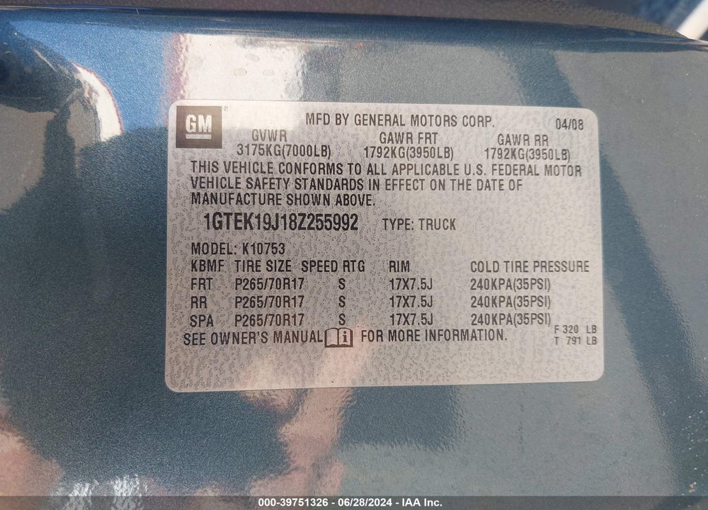 2008 GMC SIERRA 1500 SLT VIN: 1GTEK19J18Z255992