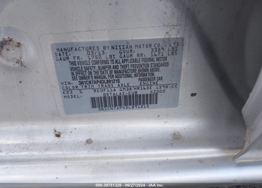 2013 NISSAN VERSA 1.6 S+ VIN: 3N1CN7AP4DL891215