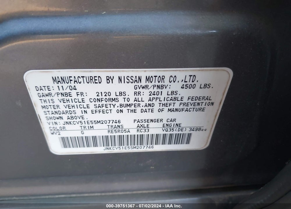 2005 INFINITI G35 VIN: JNKCV51E55M207746