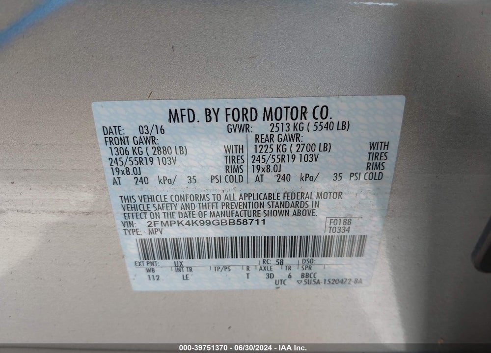 2016 FORD EDGE TITANIUM VIN: 2FMPK4K99GBB58711
