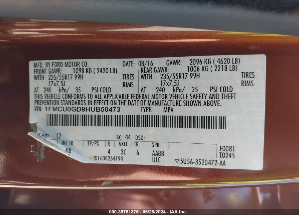 2017 FORD ESCAPE SE VIN: 1FMCU0GD9HUB50473