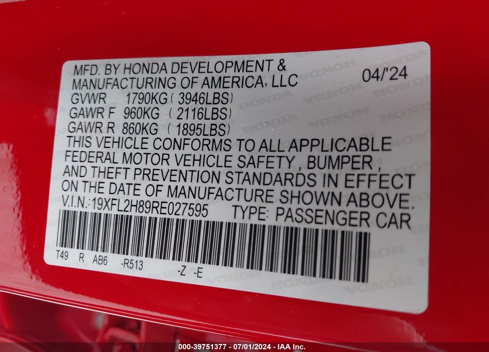 2024 HONDA CIVIC SPORT VIN: 19XFL2H89RE027595