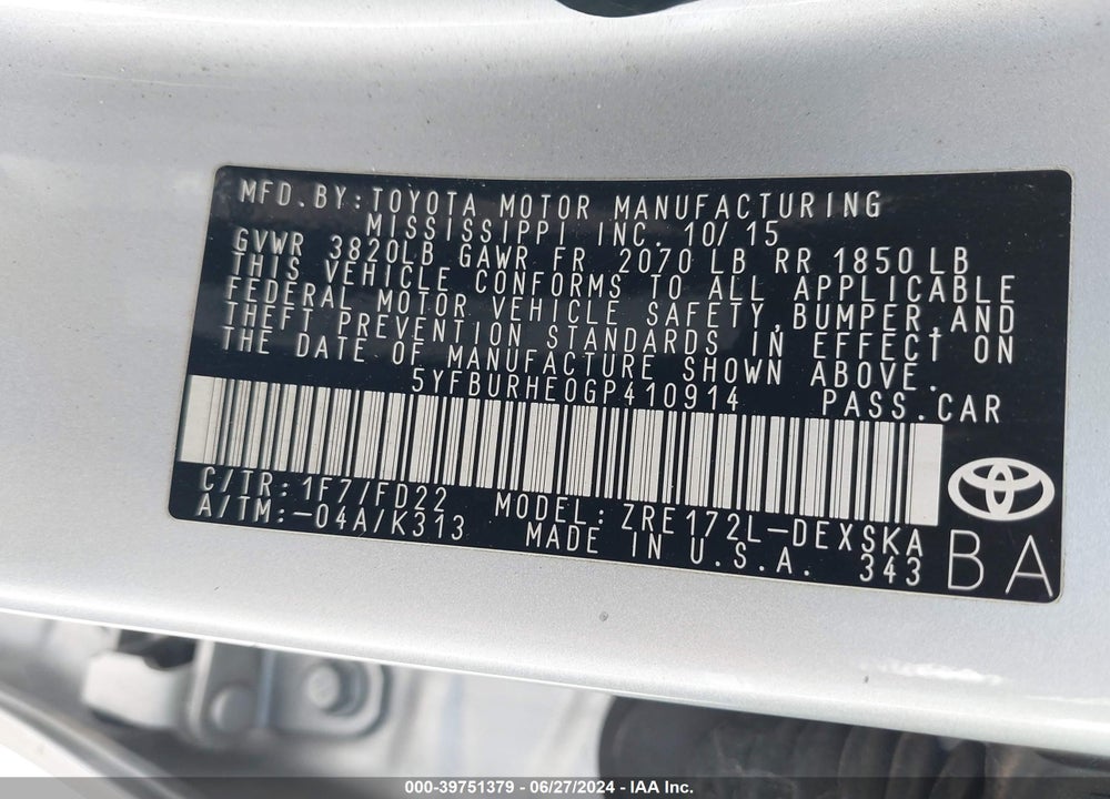 2016 TOYOTA COROLLA S PLUS VIN: 5YFBURHE0GP410914