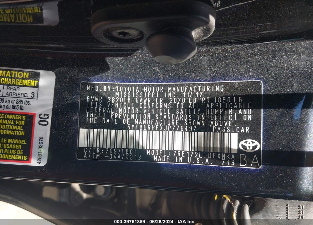 2018 TOYOTA COROLLA LE VIN: 5YFBURHEXJP776497