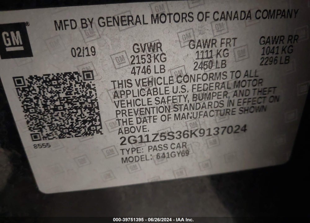 2019 CHEVROLET IMPALA LT VIN: 2G11Z5S36K9137024