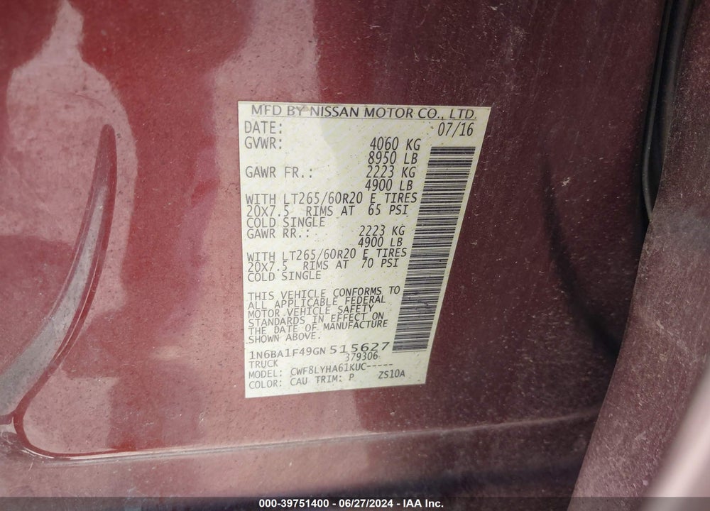 2016 NISSAN TITAN XD PLATINUM RESERVE DIESEL VIN: 1N6BA1F49GN515627