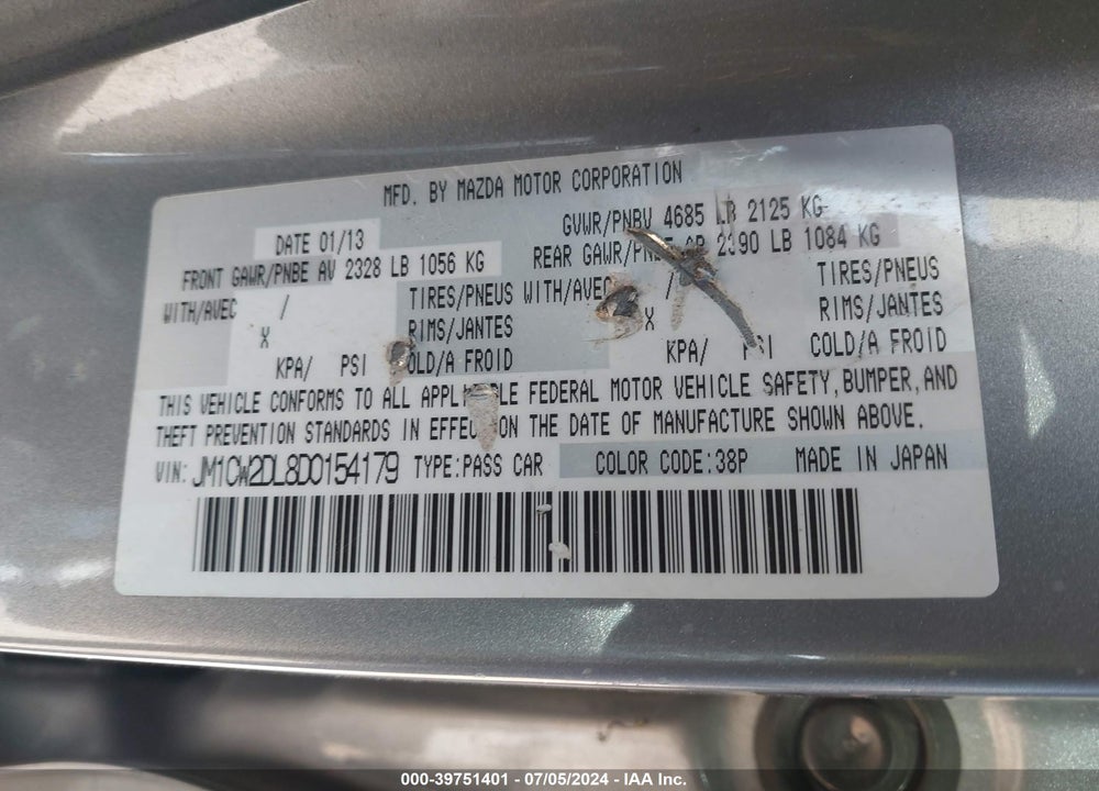 2013 MAZDA 5 GRAND TOURING VIN: JM1CW2DL8D0154179
