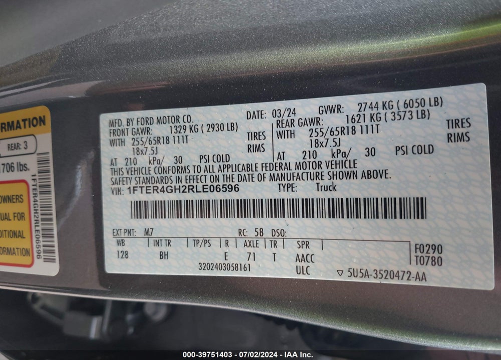 2024 FORD RANGER XLT VIN: 1FTER4GH2RLE06596