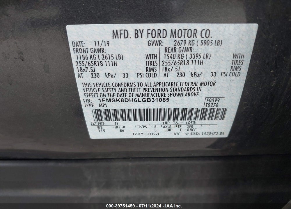 2020 FORD EXPLORER XLT VIN: 1FMSK8DH6LGB31085
