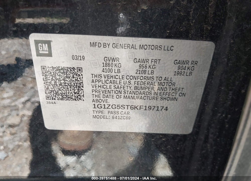 2019 CHEVROLET MALIBU RS VIN: 1G1ZG5ST6KF197174