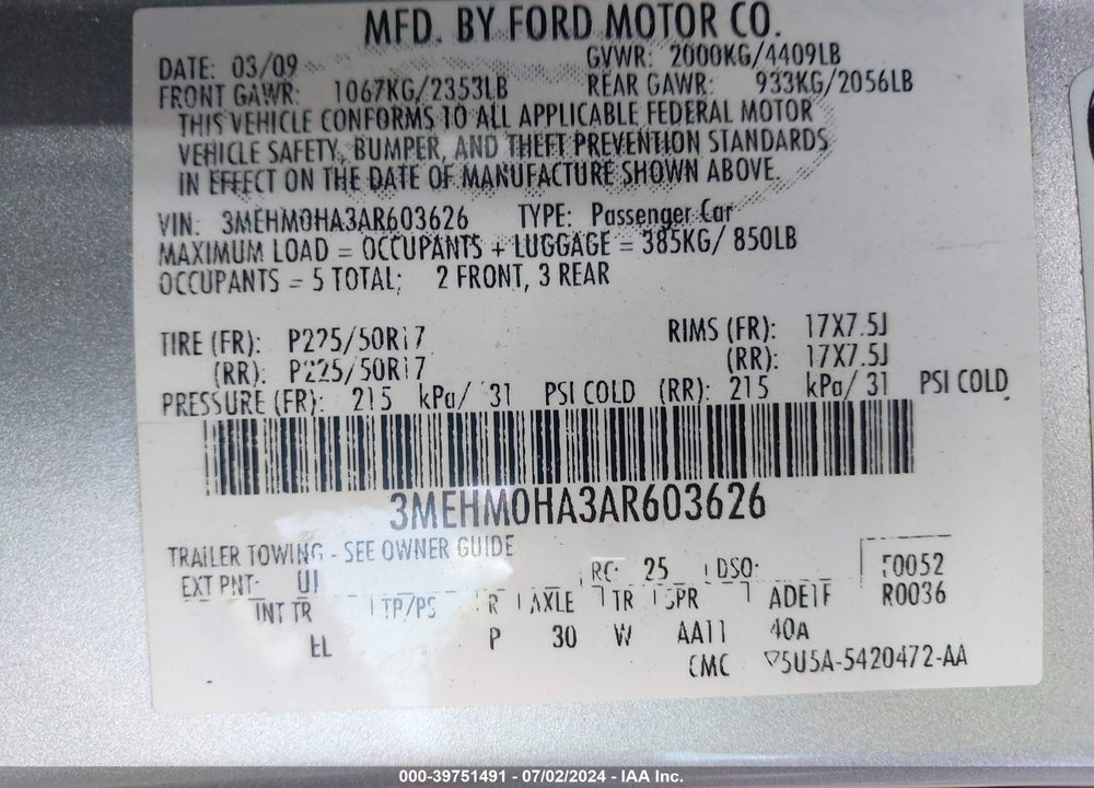 2010 MERCURY MILAN VIN: 3MEHM0HA3AR603626