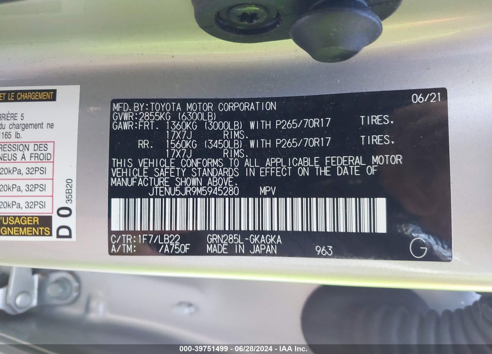 2021 TOYOTA 4RUNNER SR5 PREMIUM VIN: JTENU5JR9M5945280