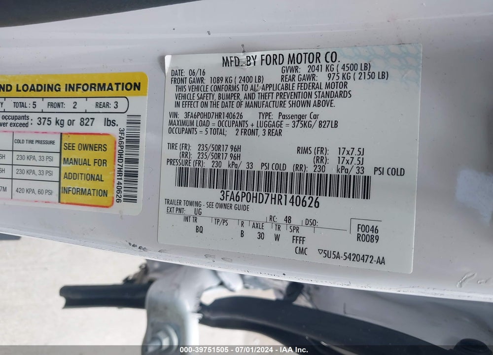 2017 FORD FUSION SE VIN: 3FA6P0HD7HR140626