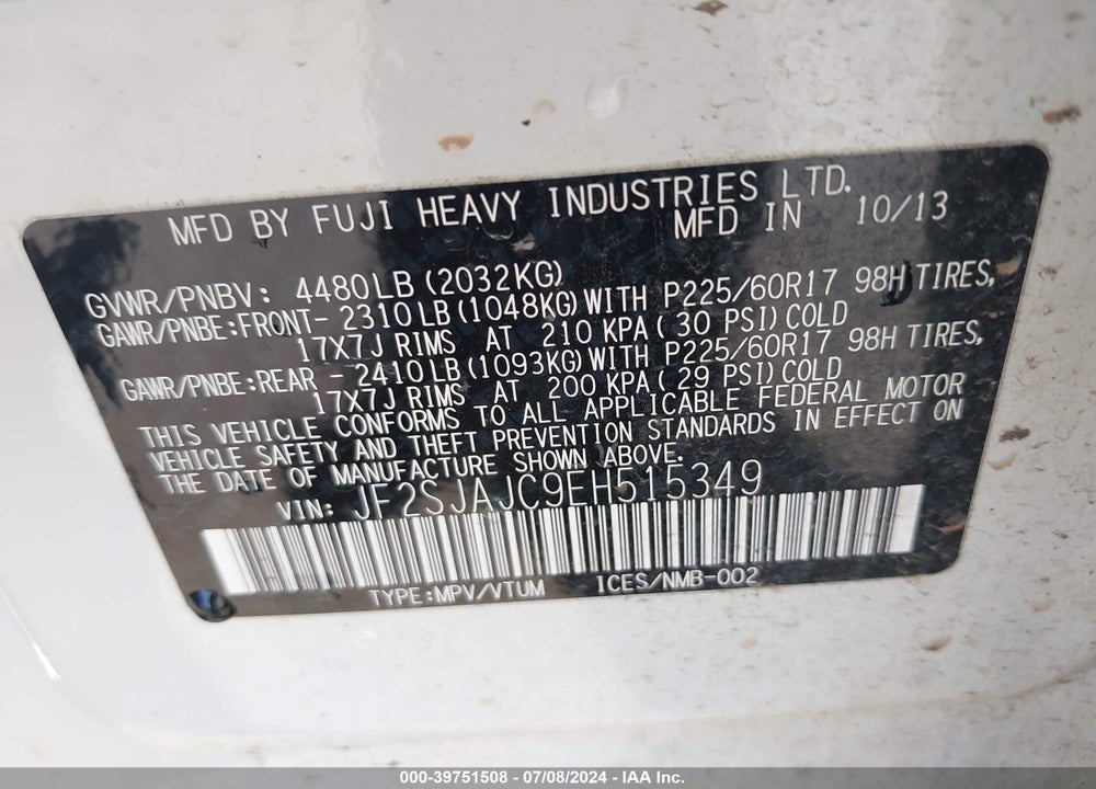 2014 SUBARU FORESTER 2.5I LIMITED VIN: JF2SJAJC9EH515349