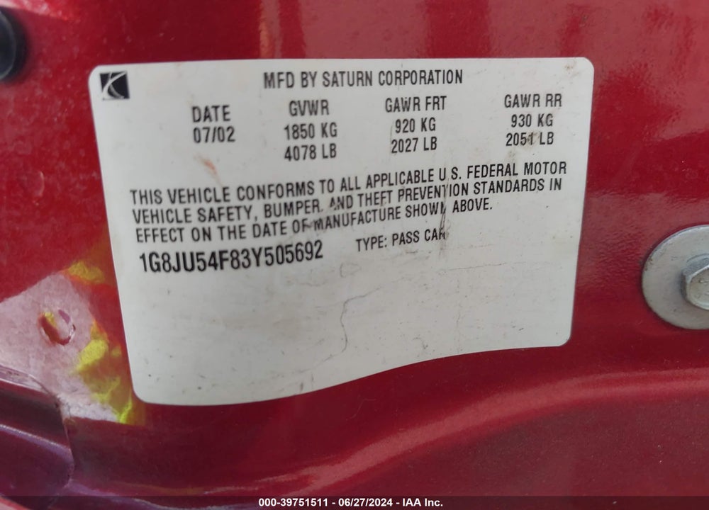 2003 SATURN L-SERIES VIN: 1G8JU54F83Y505692