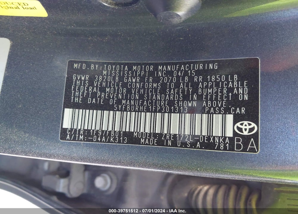 2015 TOYOTA COROLLA LE VIN: 5YFBURHE1FP301313
