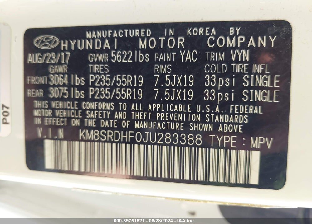 2018 HYUNDAI SANTA FE VIN: KM8SRDHF0JU283388