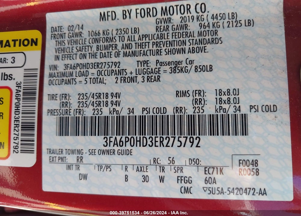 2014 FORD FUSION SE VIN: 3FA6P0HD3ER275792