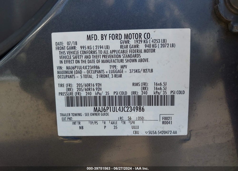 2018 FORD ECOSPORT SE VIN: MAJ6P1UL4JC234986