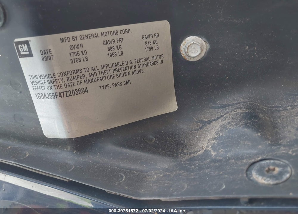 2007 SATURN ION 2 VIN: 1G8AJ55F47Z203694