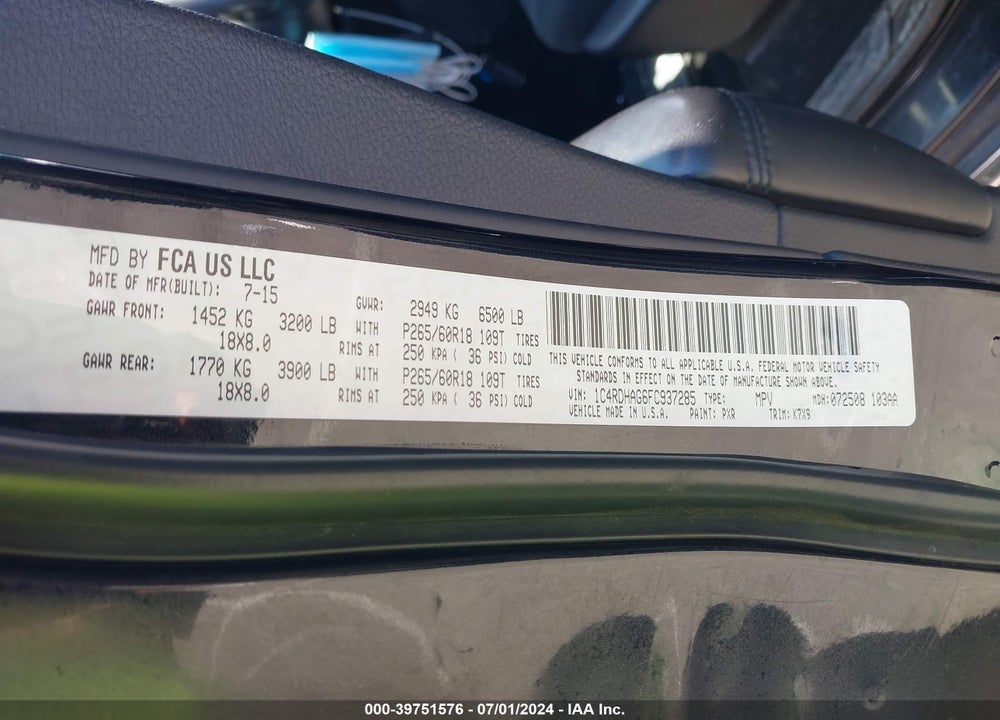 2015 DODGE DURANGO SXT VIN: 1C4RDHAG6FC937285