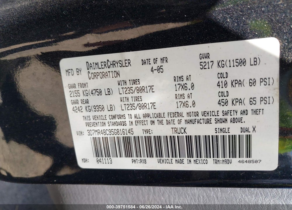 2005 DODGE RAM 3500 VIN: 3D7MR48C95G816145