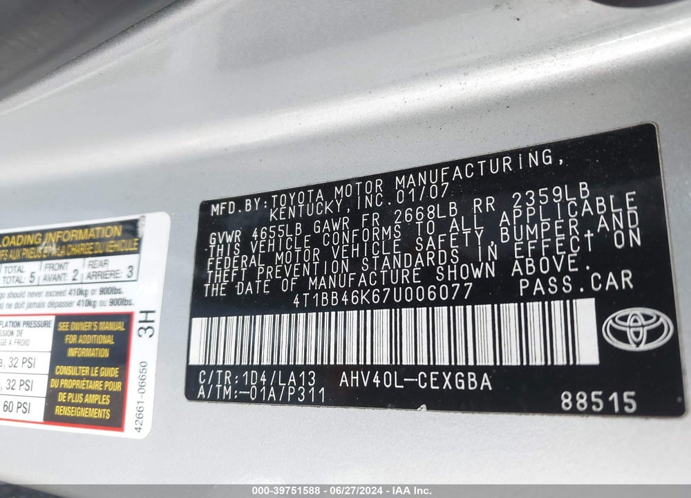 2007 TOYOTA CAMRY HYBRID VIN: 4T1BB46K67U006077